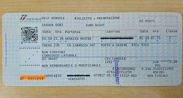 ミラノからベネチアに鉄道で移動　トレニタリアのチケット