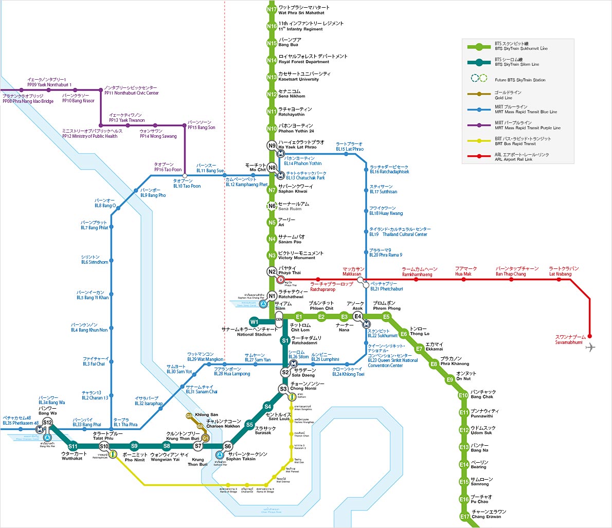 バンコク観光　MRT（地下鉄）、BTSスカイトレイン、空港線の路線図