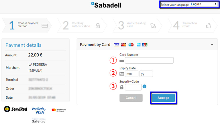 バルセロナ観光　カサミラ（Casa Mil）のチケット予約方法　通常チケットのカード情報入力画面