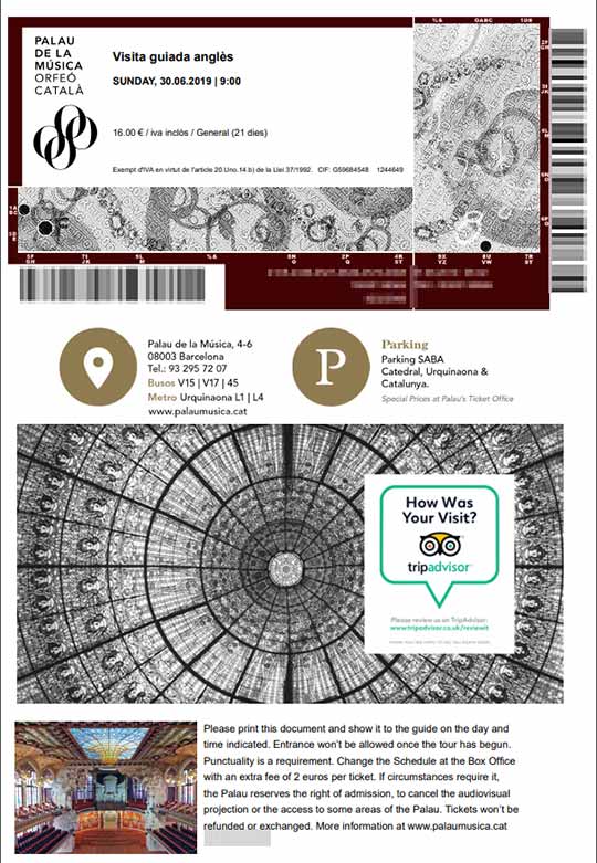 バルセロナ観光　カタルーニャ音楽堂（Palau de la Música Catalana）　予約方法　⑧予約注文完了　印刷用チケット