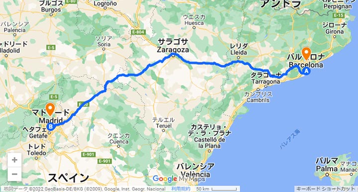 バルセロナとマドリード距離の地図