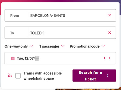 Renfe（レンフェ）公式サイト　バルセロナからトレドのチケット購入方法　
