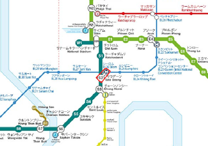 バンコク　BTSスカイトレインの路線図　シーロムエリア