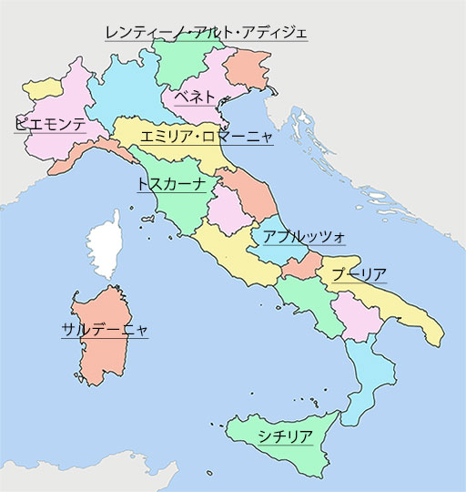 イタリアワインの産地の地図