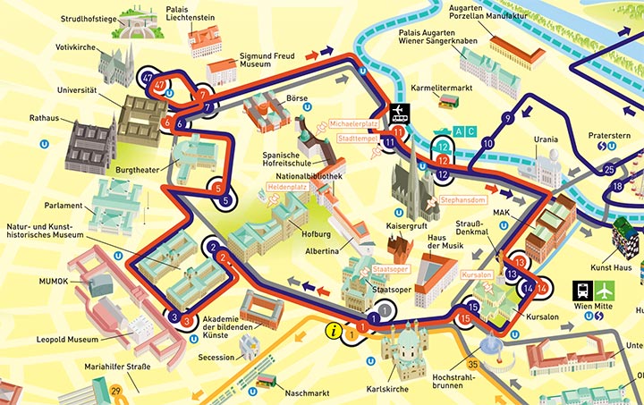 ウィーン観光　ホップオン・ホップオフバスのウィーン歴史地区の路線マップ