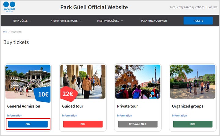 バルセロナ観光　グエル公園（Park Güell）　チケット予約方法　①チケットの選択
