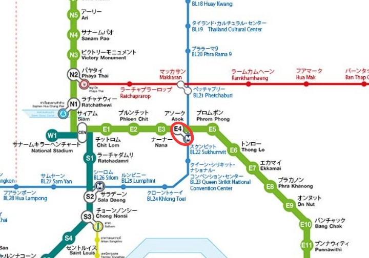 バンコクのMRTの路線図　アソーク駅周辺