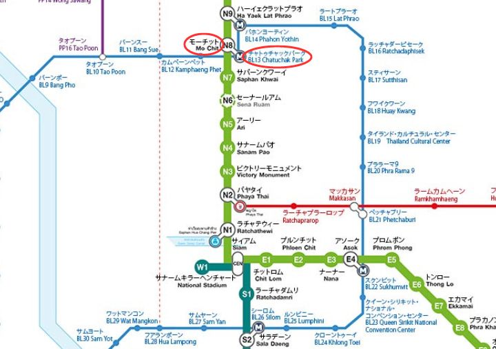 バンコクのMRT路線図　BTSモーチット(Mo Chit)駅とMRT(地下鉄)チャトゥチャックパーク(Chatuchak Park)駅