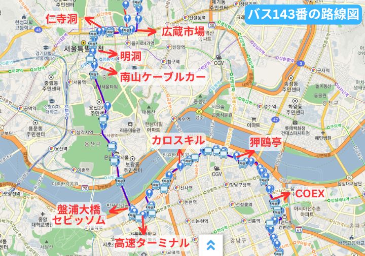 韓国・ソウルの市バス　143番の路線図