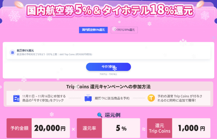 Trip.com　夢旅祭2024年11月　　国内ホテル5%タイホテル18%還元