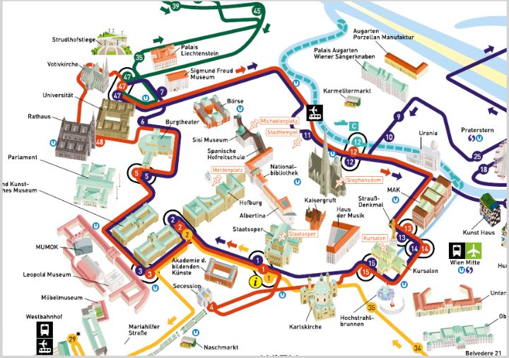 vienna-sightseeing-hop-on-hop-off-bus-2 ウィーン観光 ホップオン・ホップオフバスのウィーン歴史地区の路線マップ