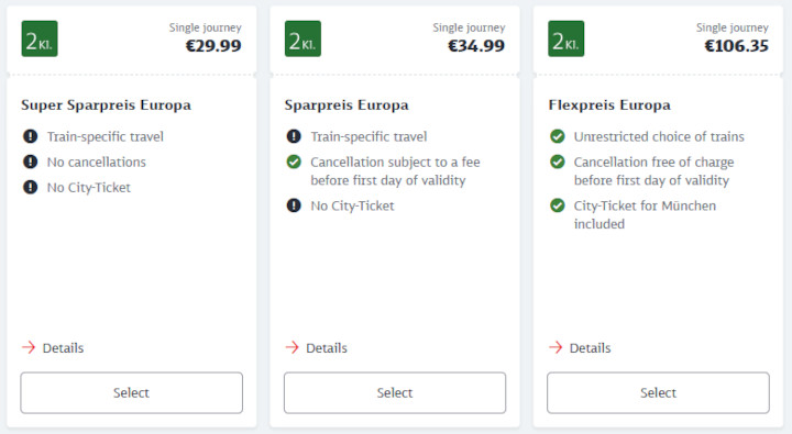 ミュンヘンからウィーンの移動方法　DBの運賃クラスの種類